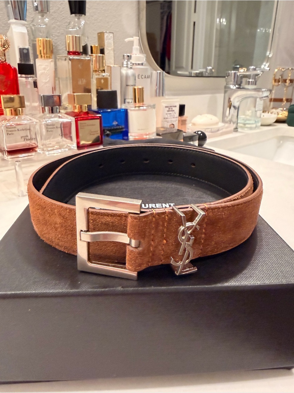 Yves Saint Laurent Brown Suede Belt with Silver YSL Logo